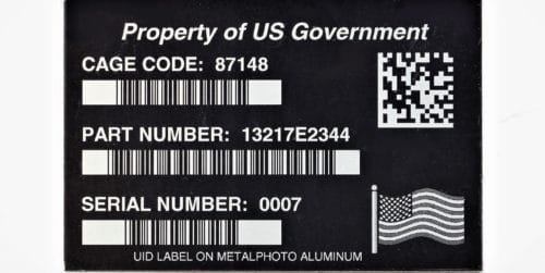 UID IUID Mil Std 130 Example Tag Property of US Government with custom design QR code and USA flag